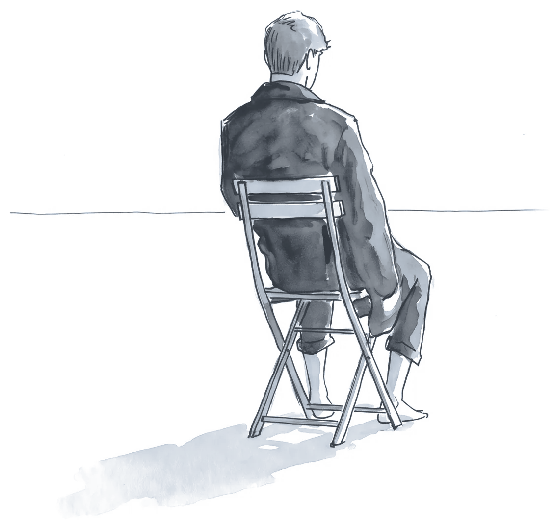 Ink drawing of a man on a folding chair, seen from behind, facing the horizon