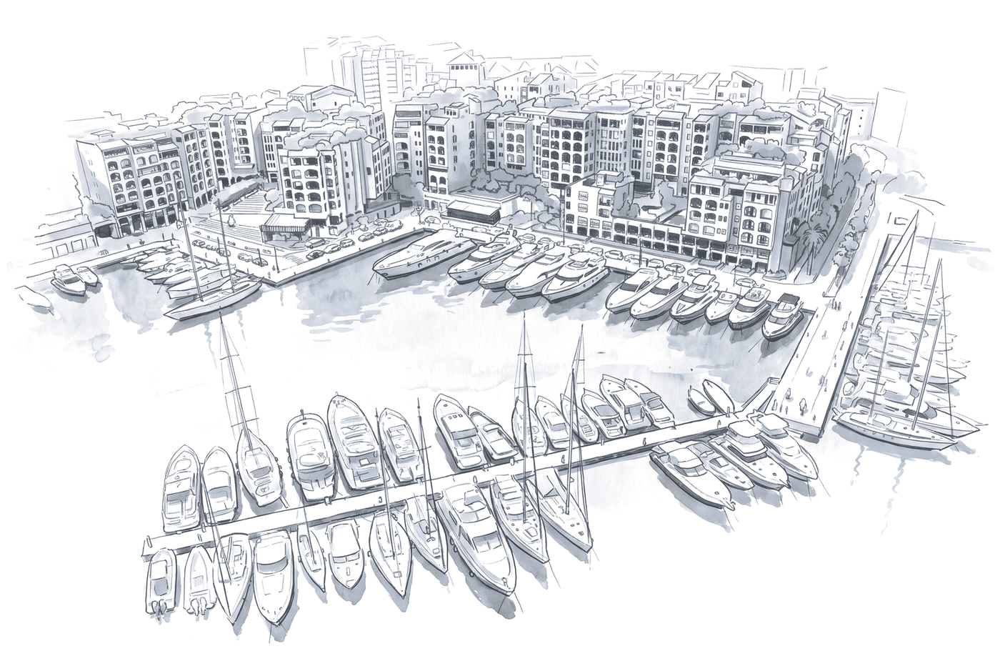 Ink drawing of a marina crowded with yachts below apartment blocks
