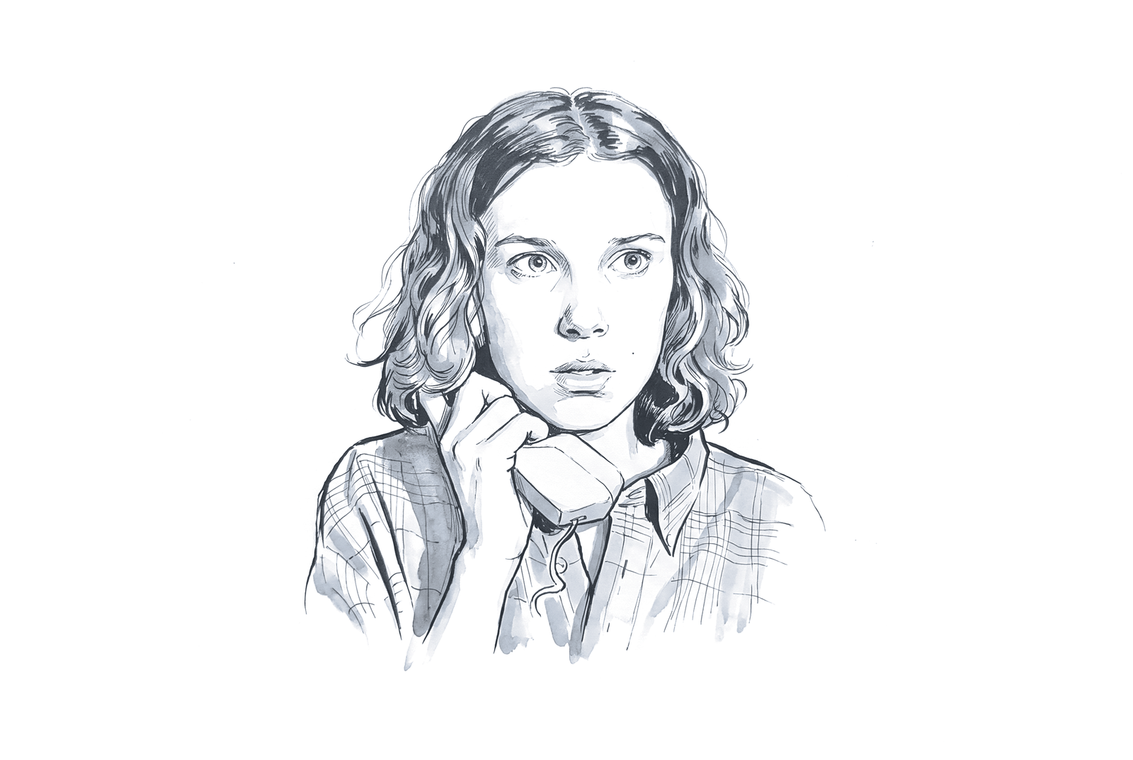 Ink drawing of Millie Bobby Brown holding a telephone receiver, wide-eyed and worried