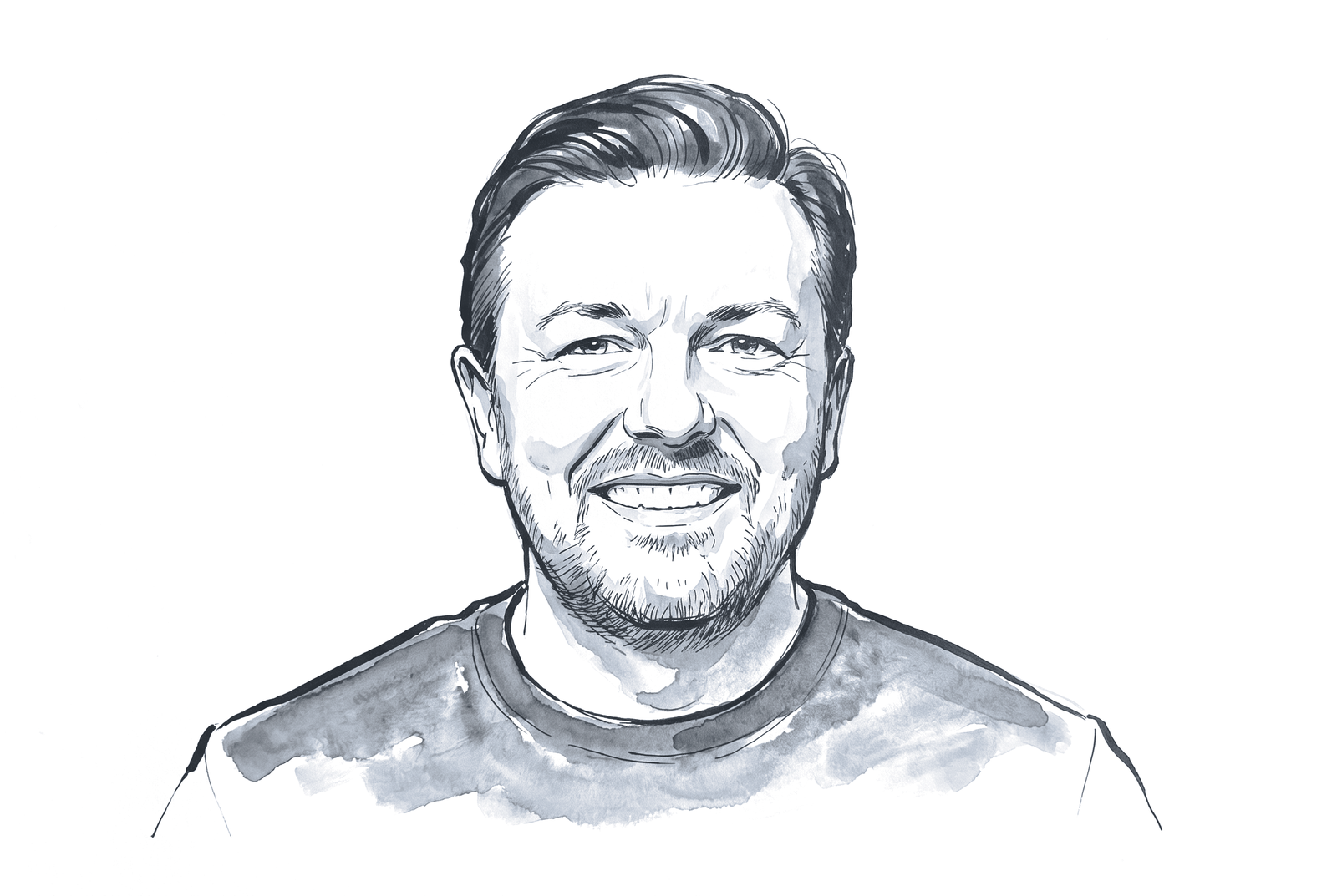 Ink portrait of Ricky Gervais, smiling