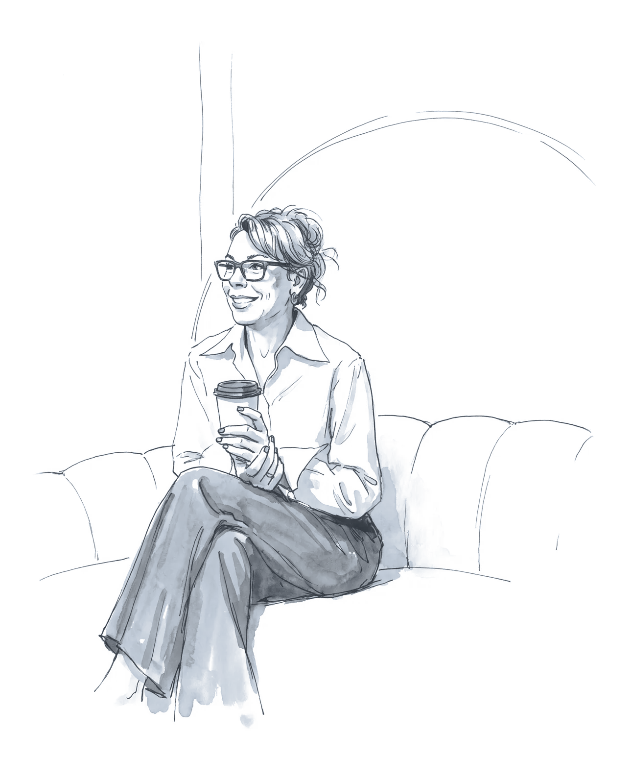 Ink portrait of Sia Bartrum, seated, holding a coffee cup